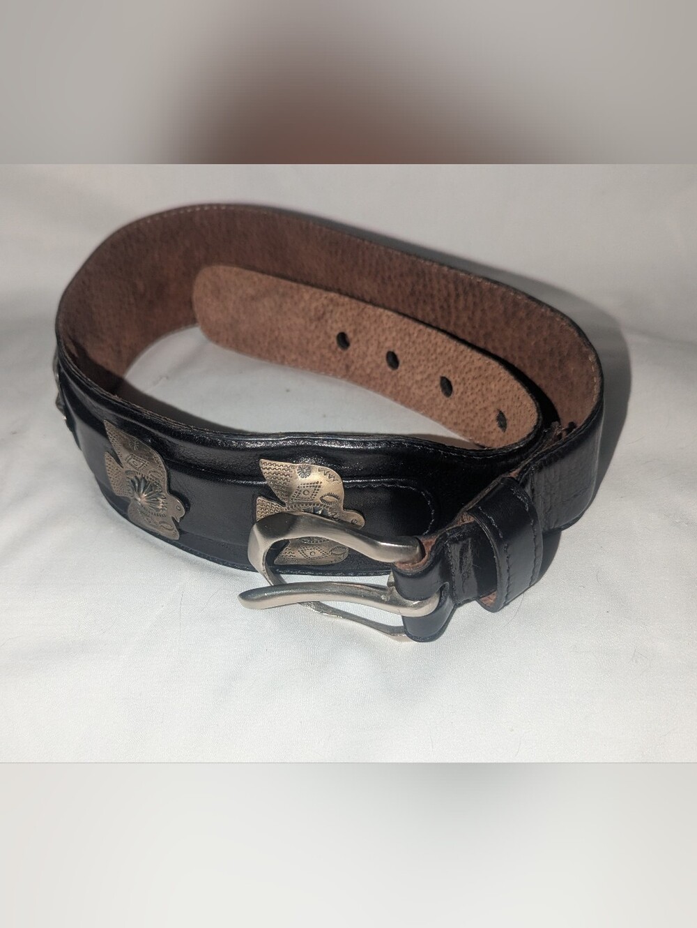 Vintage Johnny Farah Black Leather Wide Counter Waist Belt With Bird Concho .S